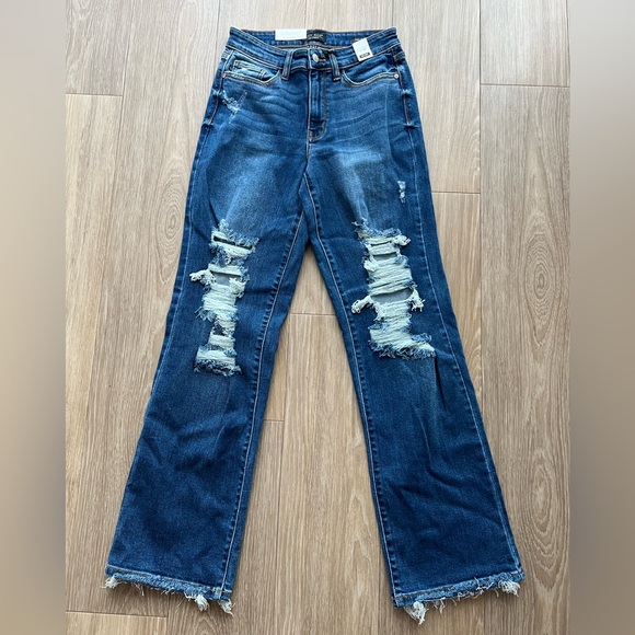 Judy Blue Denim - Judy Blue Dark Wash Distressed Flare Dad Jeans Size 5 | 27 Mid Rise